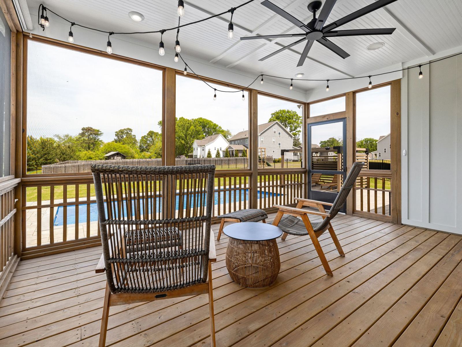Screened back porch overlooking a backyard swimming pool